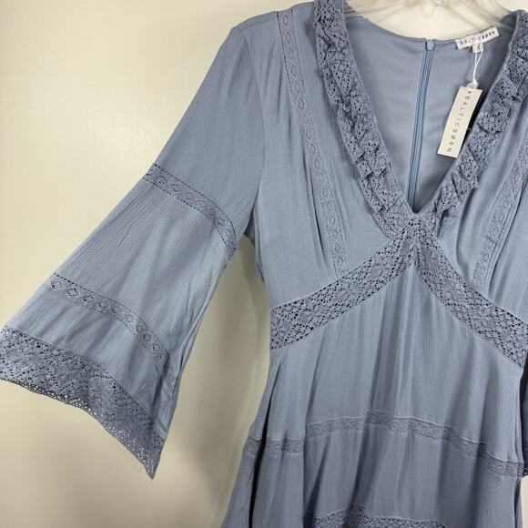 Cottagecore Baltic Born New Blue Mini Dress Medium Lace Trim Flared Sleeve - Picture 5 of 16